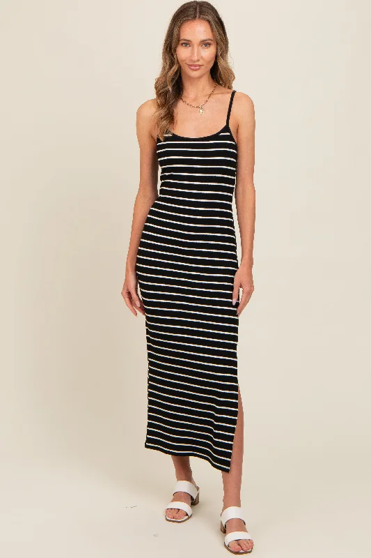 Black Striped Ribbed Adjustable Strap Body Con Dress