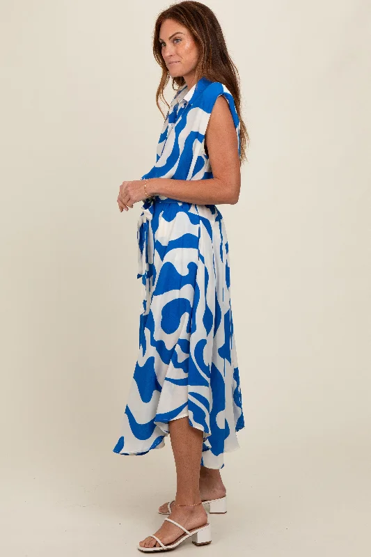 Blue Abstract Print Collared Belted Dress