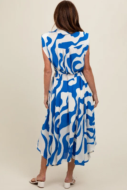 Blue Abstract Print Collared Belted Dress