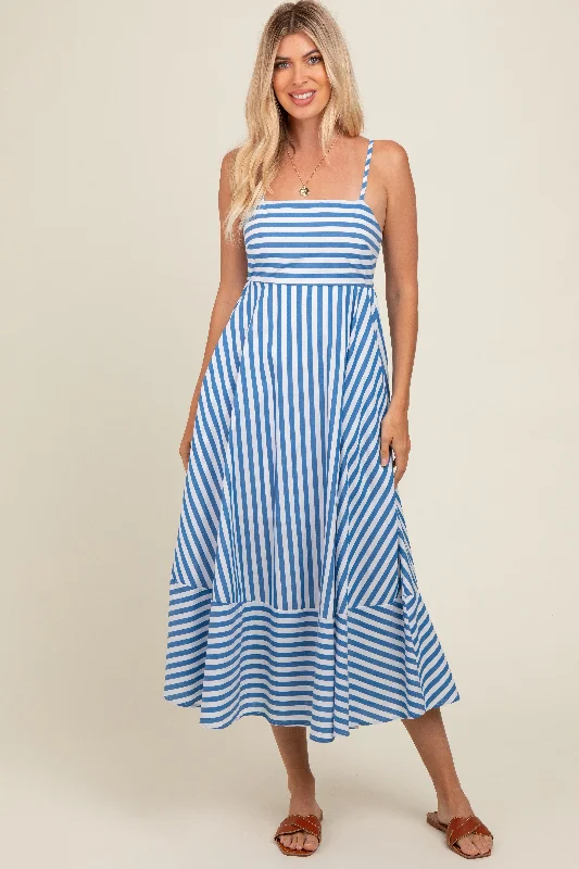 Blue Contrast Stripe Midi Dress