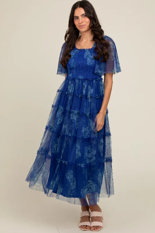 Blue Floral Smocked Tulle Maxi Dress