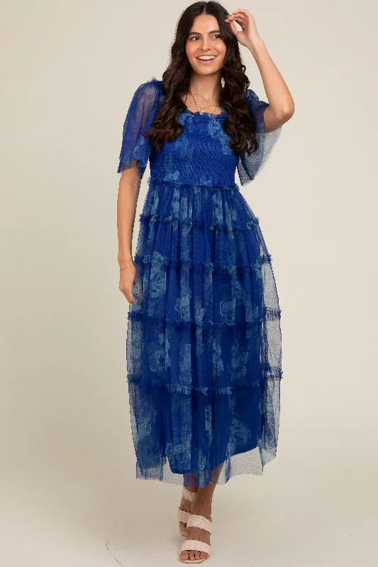 Blue Floral Smocked Tulle Maxi Dress