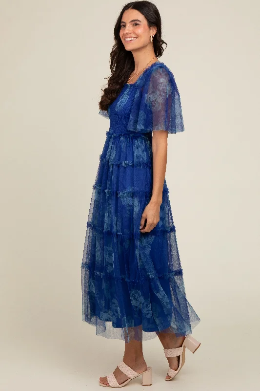 Blue Floral Smocked Tulle Maxi Dress