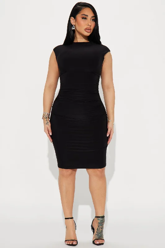 Candice Double Lined Ruched Midi Dress - Black