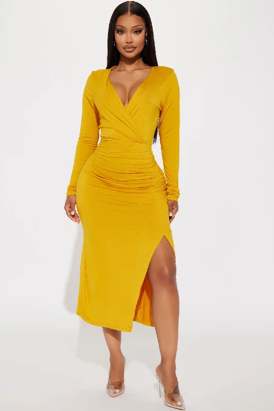 Claire Ruched Midi Dress - Mustard