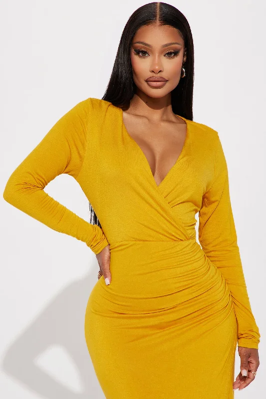 Claire Ruched Midi Dress - Mustard