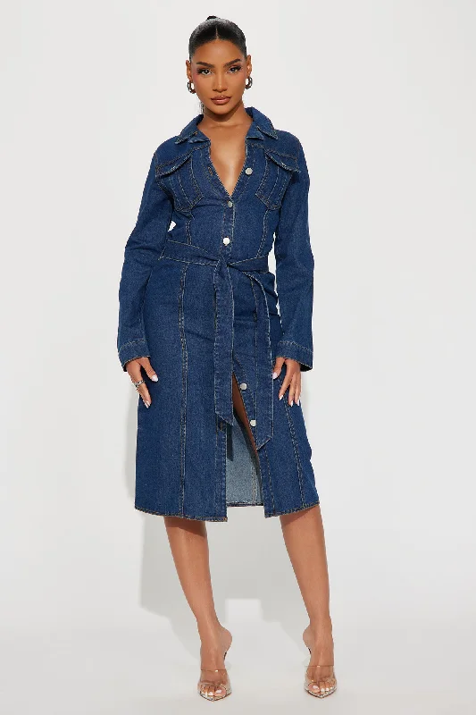 Denim Delight Midi Shirt Dress - Dark Denim