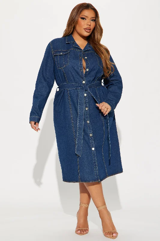 Denim Delight Midi Shirt Dress - Dark Denim