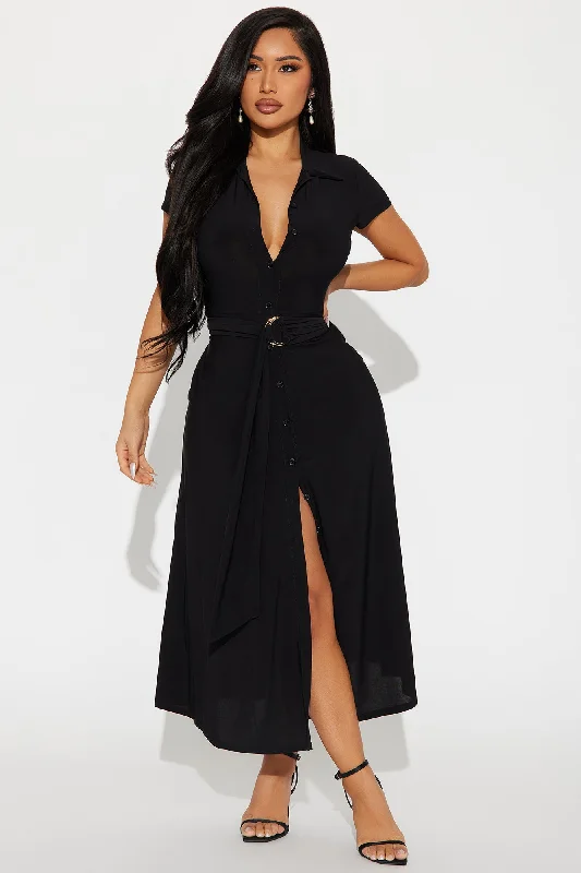 Elise Button Up Midi Dress - Black