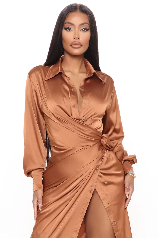 Gabriella Satin Maxi Shirt Dress - Copper