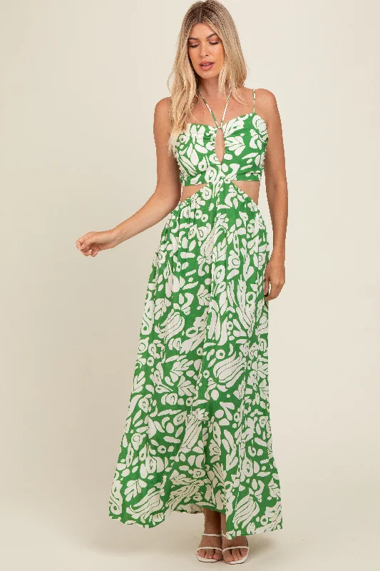 Green Printed Halter Cut-Out Maxi Dress