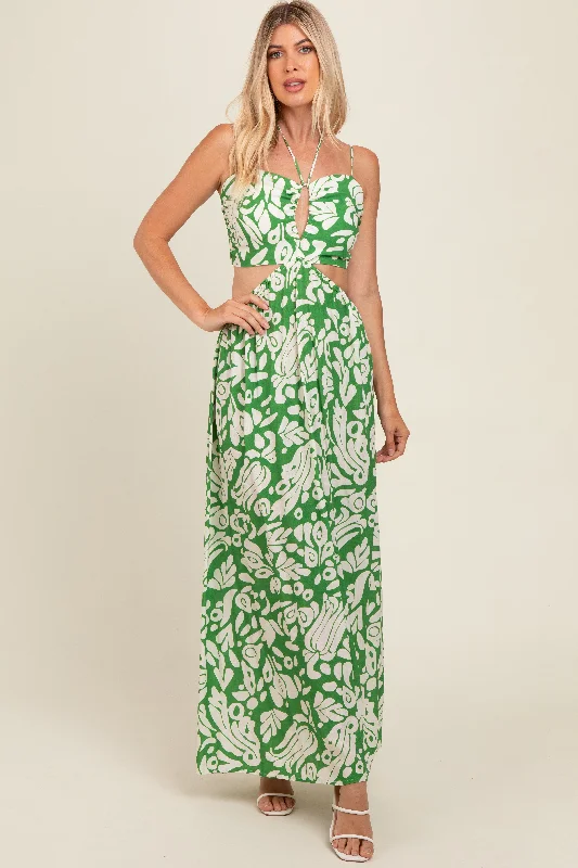 Green Printed Halter Cut-Out Maxi Dress