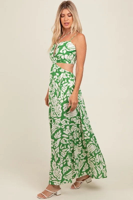 Green Printed Halter Cut-Out Maxi Dress