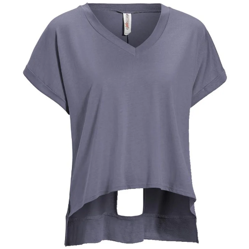 Expert Women's Graphite Cuffed V-Neck Cutout Back Mid Crop T-Shirt