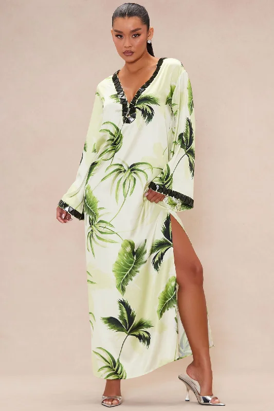 Henley Tropical Satin Kaftan Maxi Dress - Green