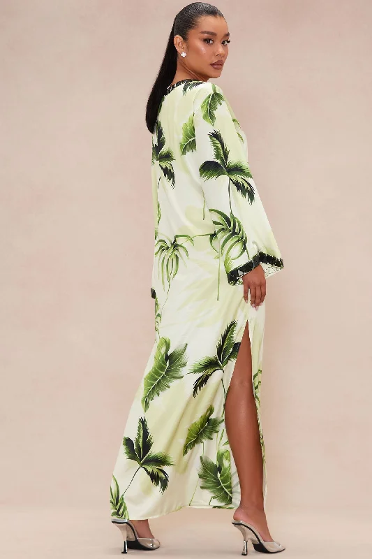 Henley Tropical Satin Kaftan Maxi Dress - Green