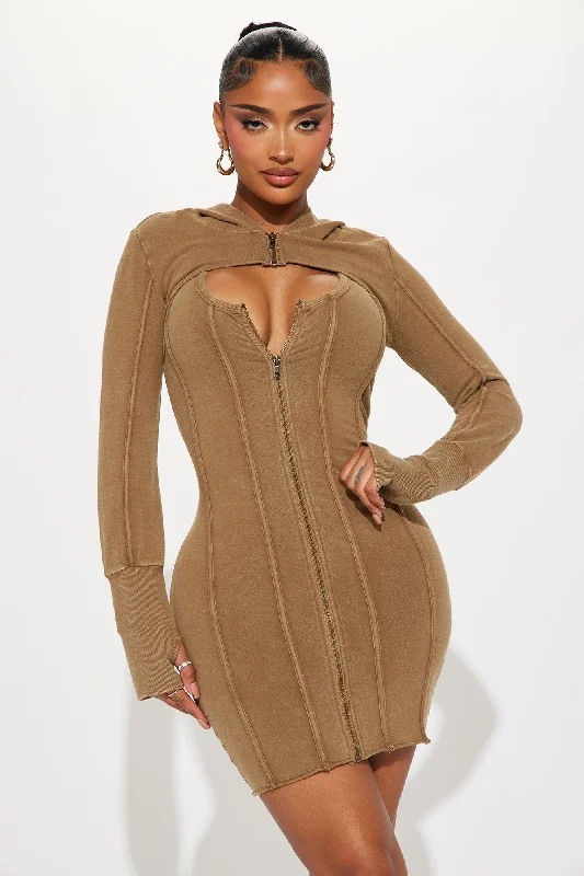 In A Mood Hooded Mini Dress Set - Khaki