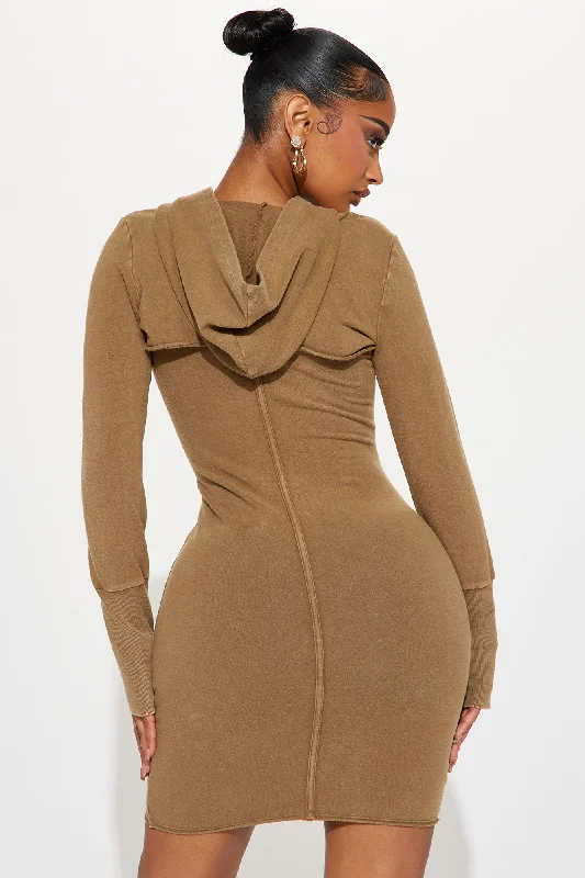 In A Mood Hooded Mini Dress Set - Khaki