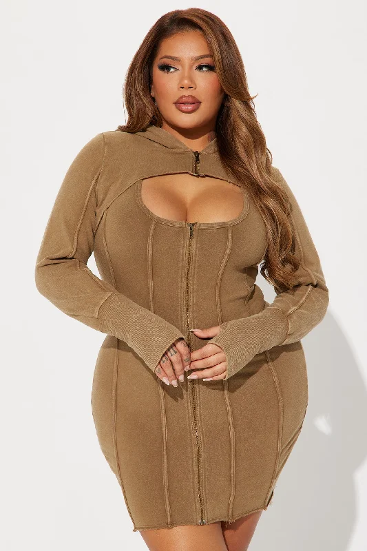 In A Mood Hooded Mini Dress Set - Khaki