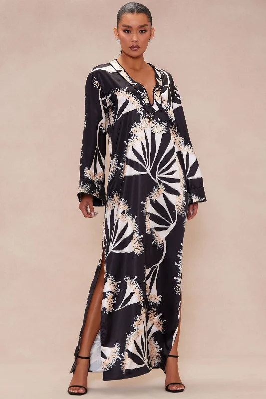 Isla Satin Kaftan Maxi Dress - Black/combo