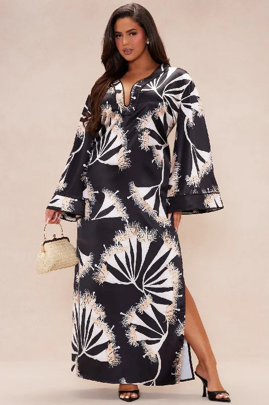 Isla Satin Kaftan Maxi Dress - Black/combo