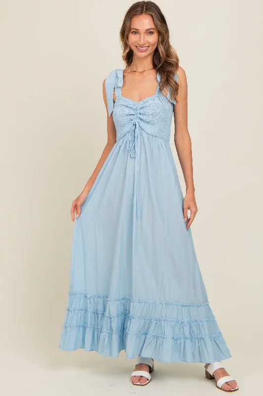 Light Blue Sweetheart Neck Smocked Shoulder Tie Maxi Dress