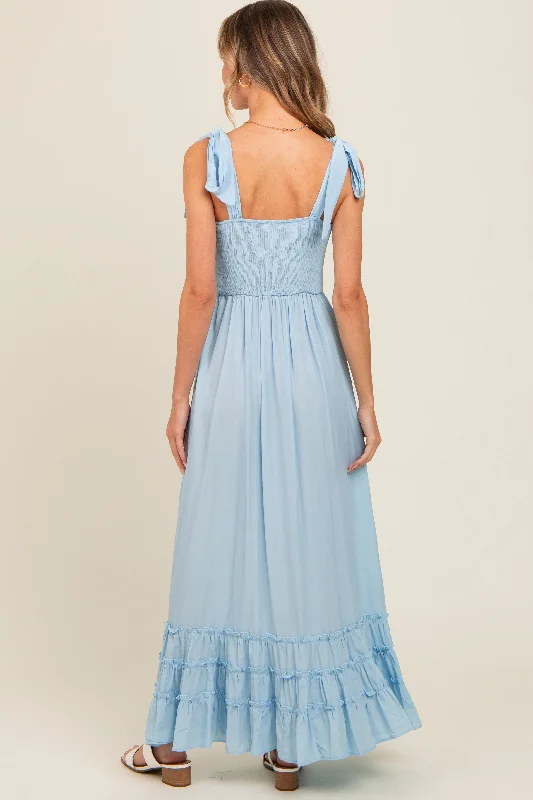 Light Blue Sweetheart Neck Smocked Shoulder Tie Maxi Dress