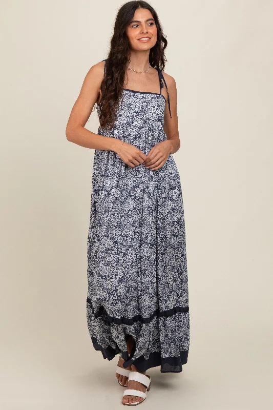 Navy Floral Shoulder Tie Maxi Dress