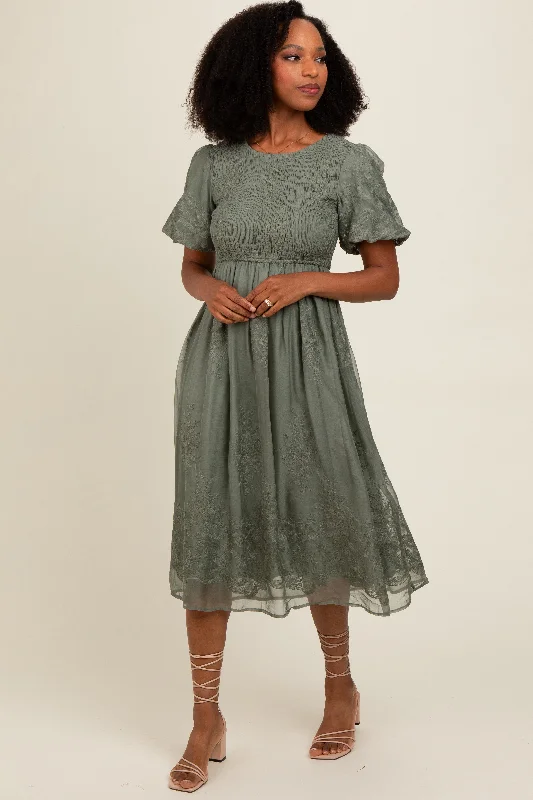 Olive Floral Lace Smocked Midi Dress