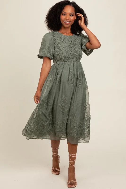 Olive Floral Lace Smocked Midi Dress