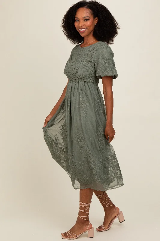 Olive Floral Lace Smocked Midi Dress