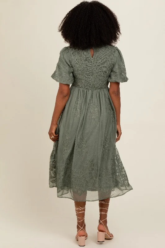 Olive Floral Lace Smocked Midi Dress