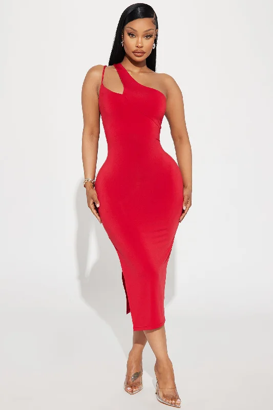 One Shoulder Midi Dress - Red