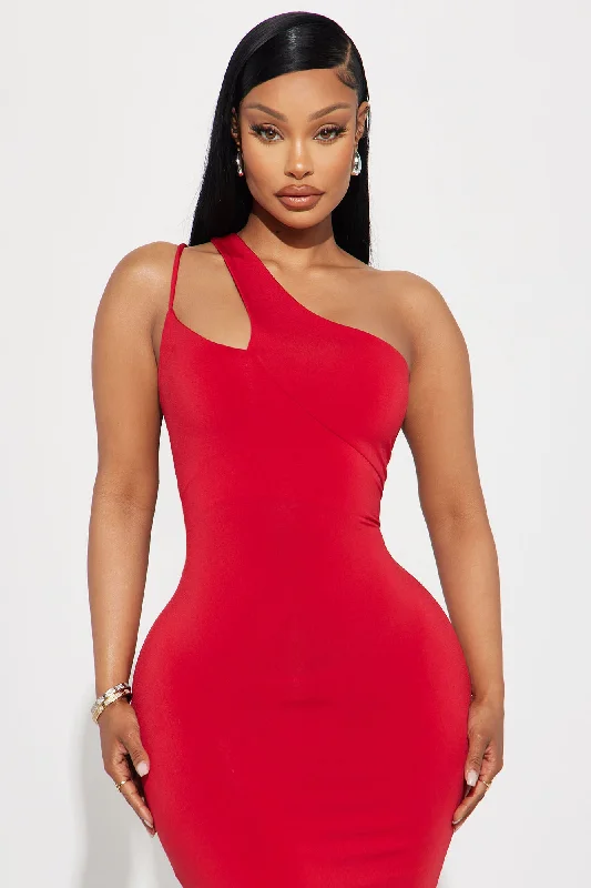 One Shoulder Midi Dress - Red