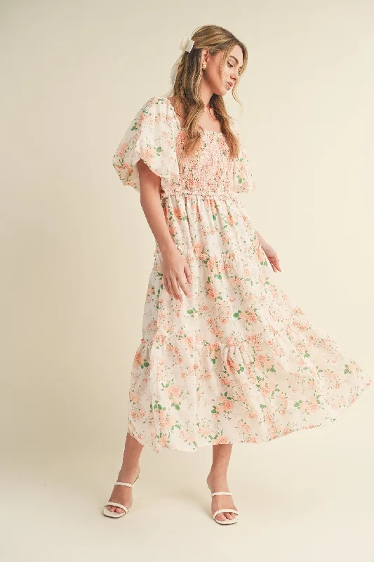 Peach Floral Smocked Puff Sleeve Midi Dress