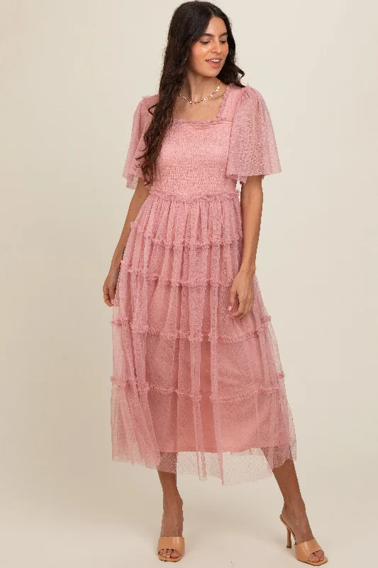 Pink Ruffled Mesh Maxi Dress