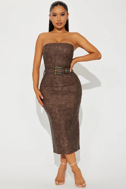 Rodeo Ready Faux Leather Midi Dress - Brown