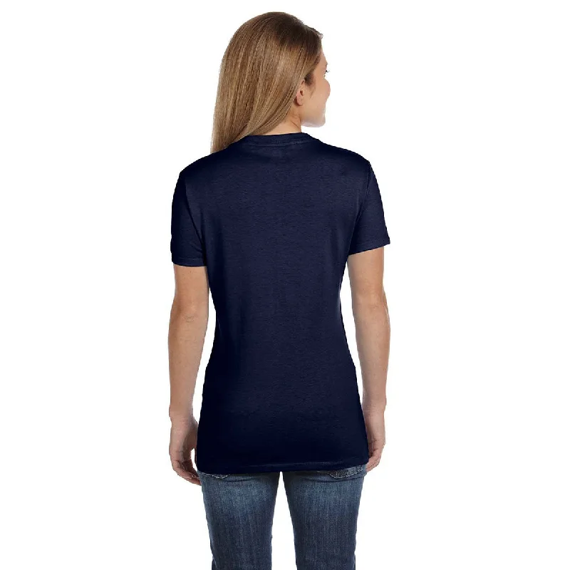 Hanes Women's Navy 4.5 oz. 100% Ringspun Cotton nano-T V-Neck T-Shirt