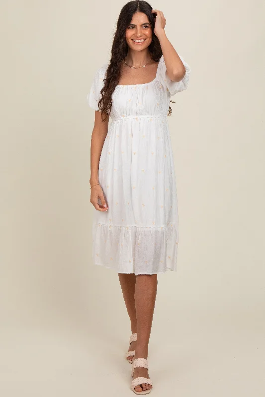 White Heart Embroidered Short Puff Sleeve Midi Dress