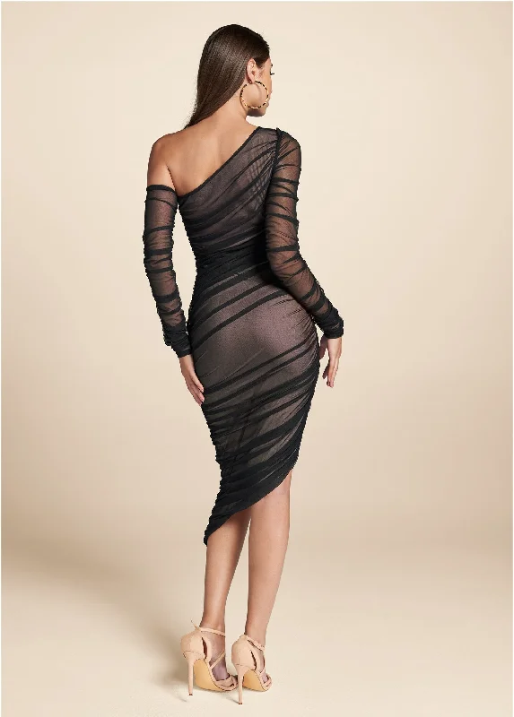 Ruched mesh bodycon dress - Black