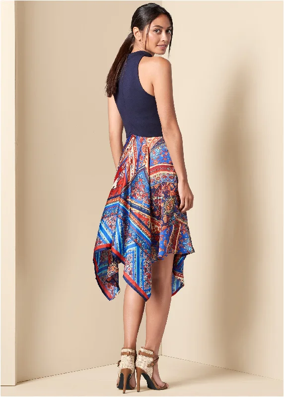 Handkerchief hem dress - Navy Multi