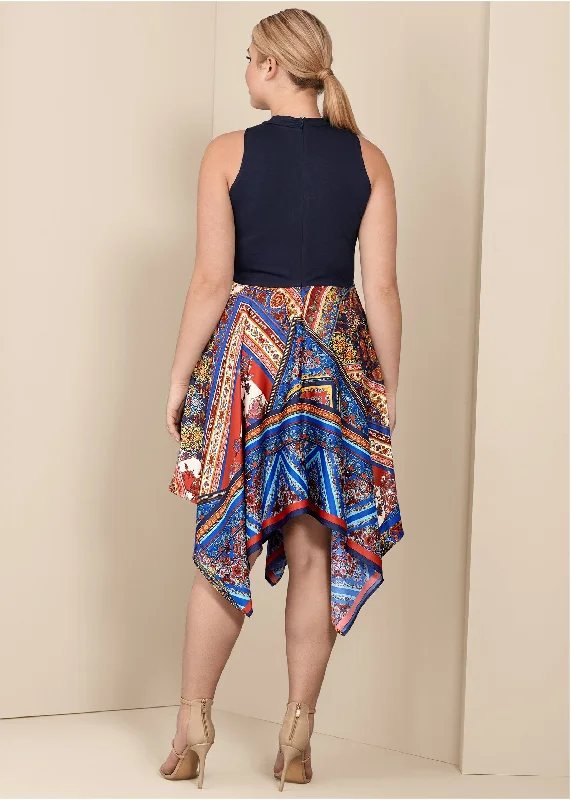 Handkerchief hem dress - Navy Multi