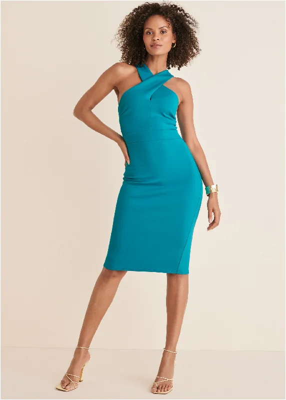 LUXE SCUBA CROSS NECK DRESS - Teal