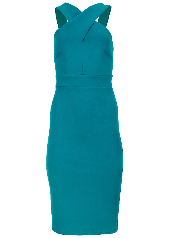 LUXE SCUBA CROSS NECK DRESS - Teal