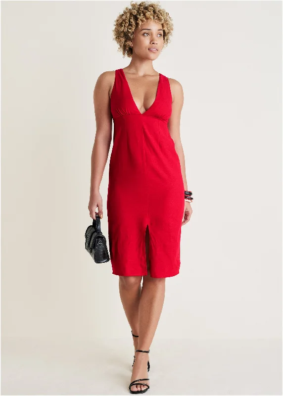 Linen deep V dress - Red