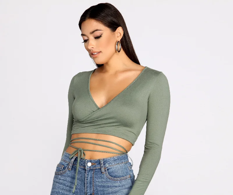 Brushed Knit Wrap Front Crop Top