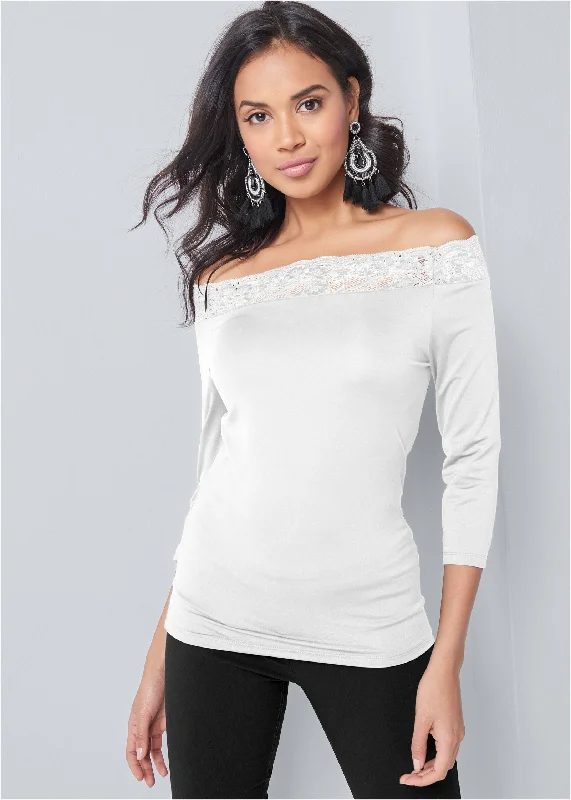 Off-the-shoulder lace top - White