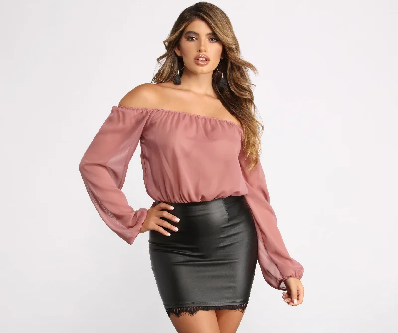 Off The Shoulder Long Sleeve Chiffon Bodysuit