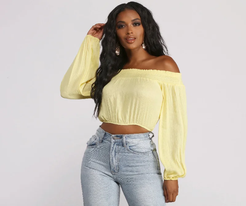 Off The Shoulder Long Sleeve Gauze Crop Top