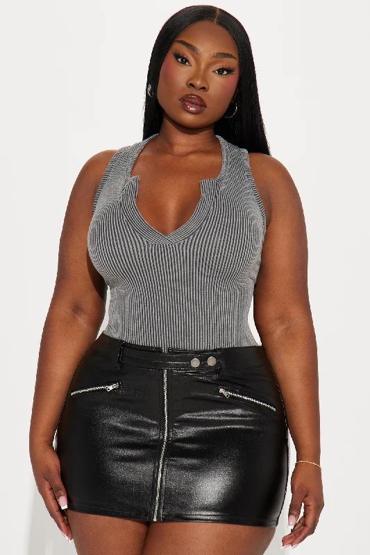 Running Errands Ribbed Bodysuit - Charcoal